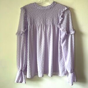 Iris Dotted Swiss Lavender Blouse Womens Size L Sheer Smocking Ruffles Feminine
